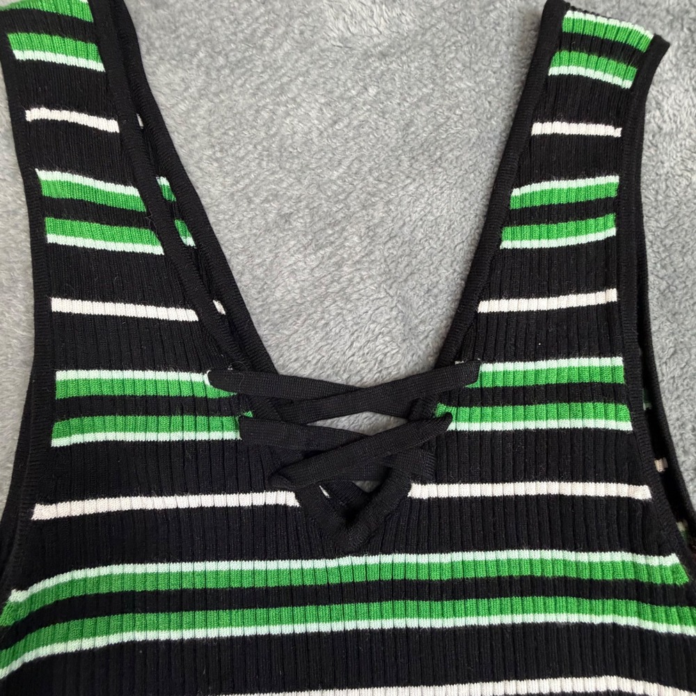 White House Black Market Womens Ribbed Lace Up Striped‎ Tank Top Black Green M - Picture 6 of 11